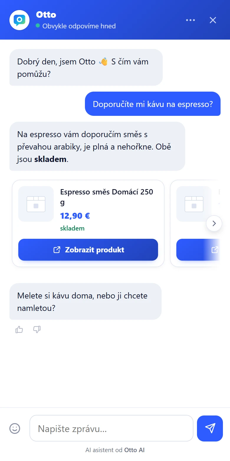Chat Otta otevřený přes celou obrazovku telefonu