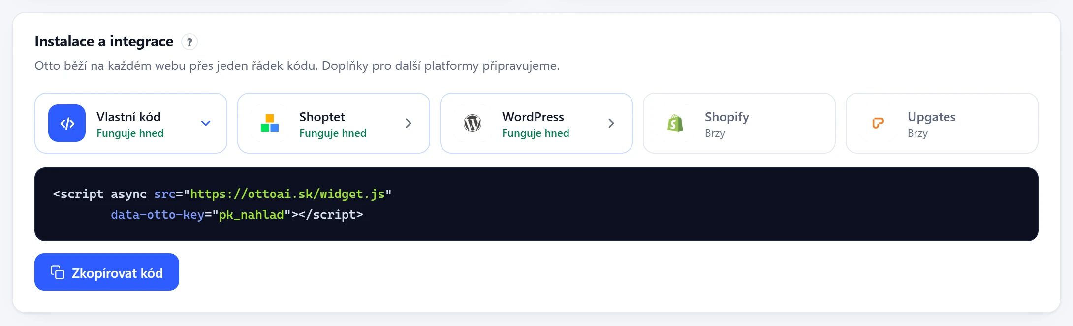 Karta Instalace a integrace v panelu Otta s kódem chatu
