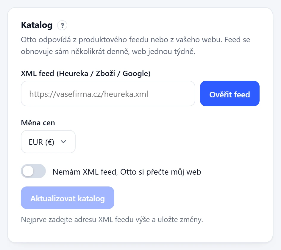 Část Katalog v nastavení panelu Otta s adresou feedu