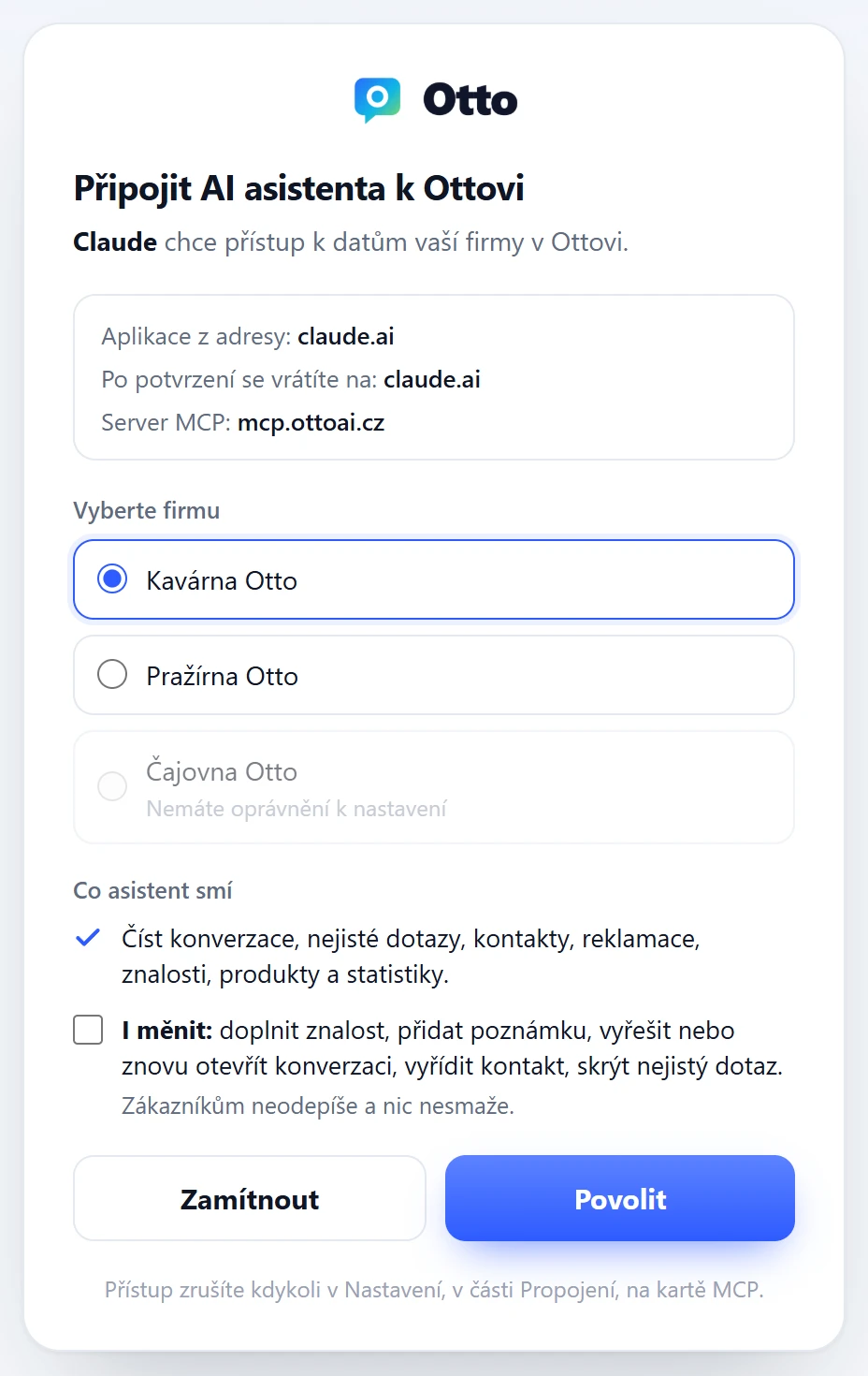 Stránka Otta, na které AI asistentovi povolíte přístup k firmě
