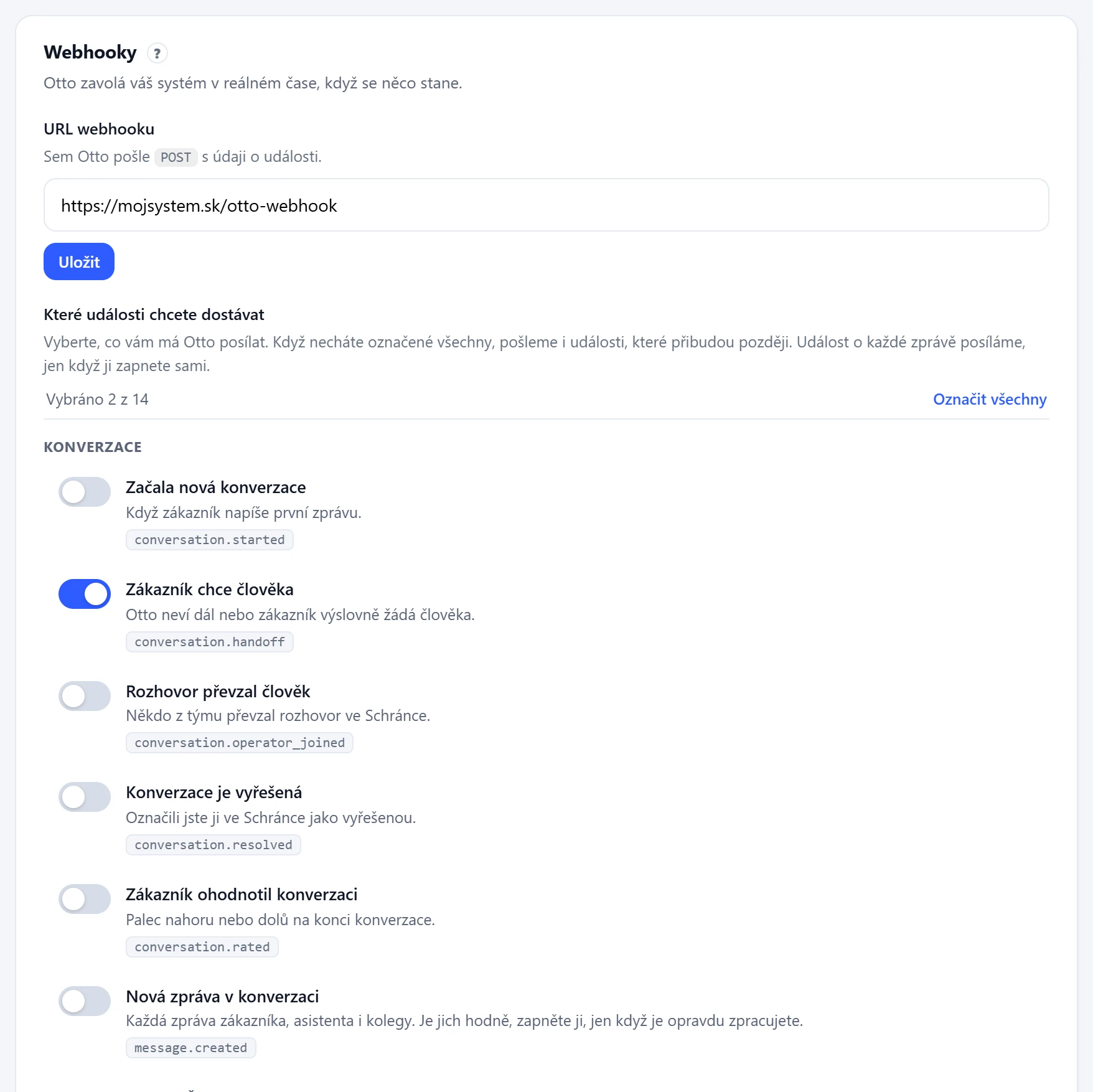 Nastavení webhooků v panelu Otta s výběrem událostí