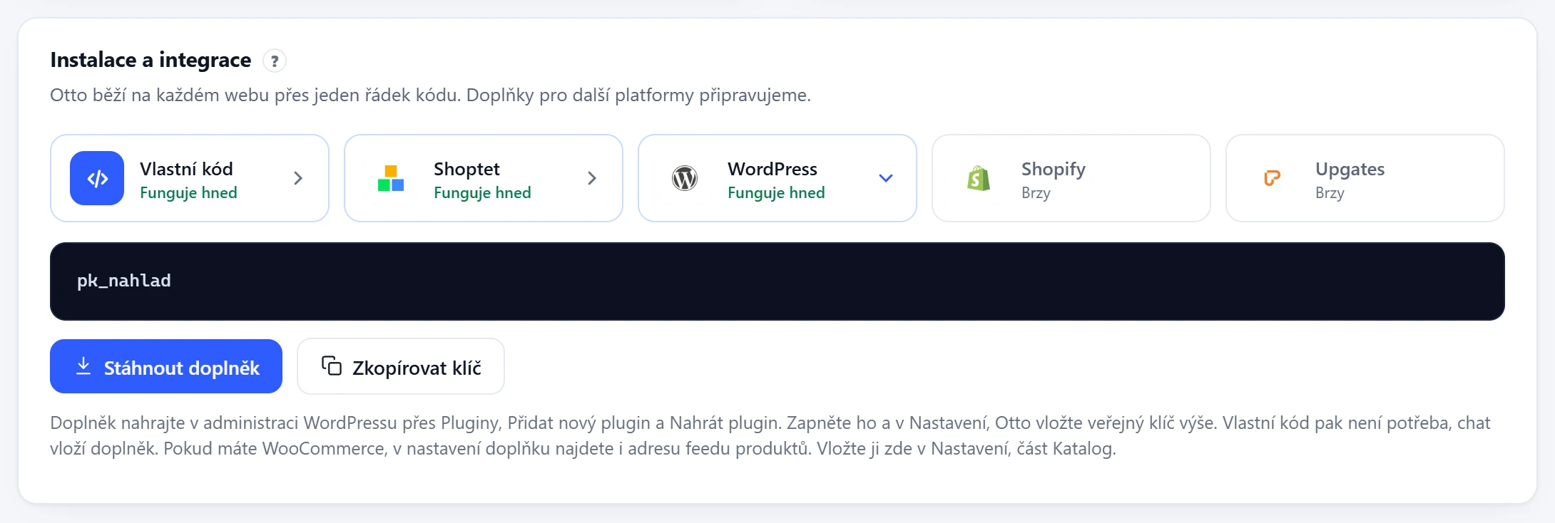 Dlaždice WordPress v panelu Otta s tlačítkem pro stažení doplňku a veřejným klíčem